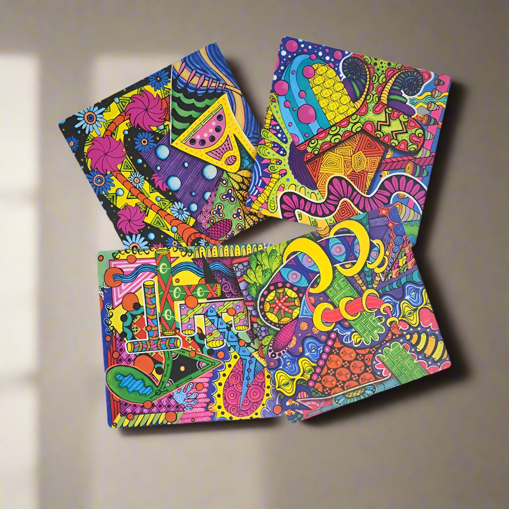 $ colorful art cards on a table with intricate designs